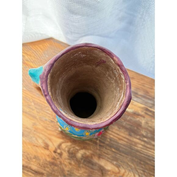 VTG Mexican Clay Hand Painted Pottery Folkart Tripod Ewer Vase Multicolor Medium - Picture 4 of 6